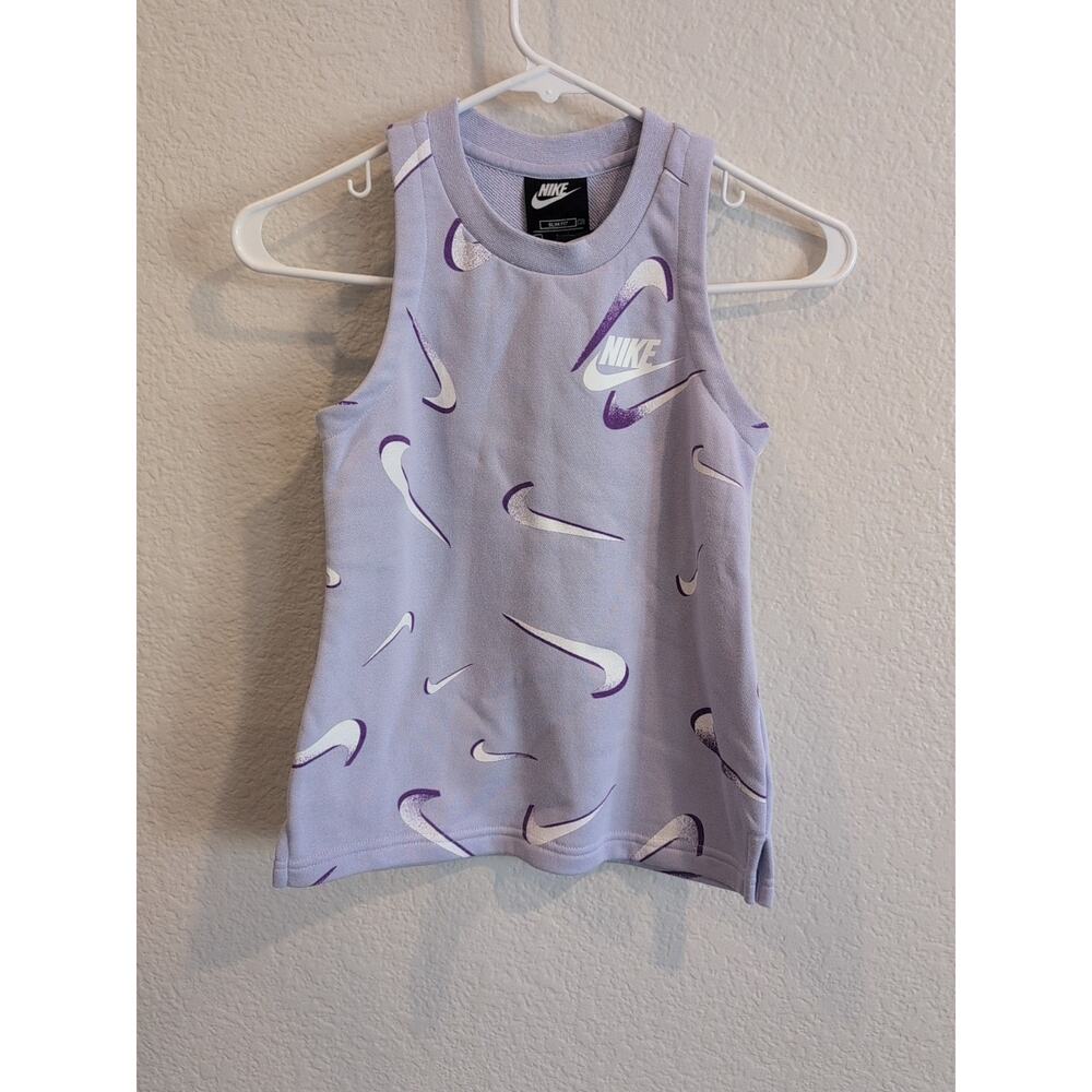 Nike Girls' Sportswear French Terry Allover Swoosh Tank Top in purple Sz Small